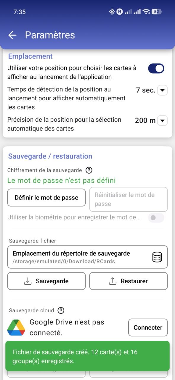 RCards: backup and restore